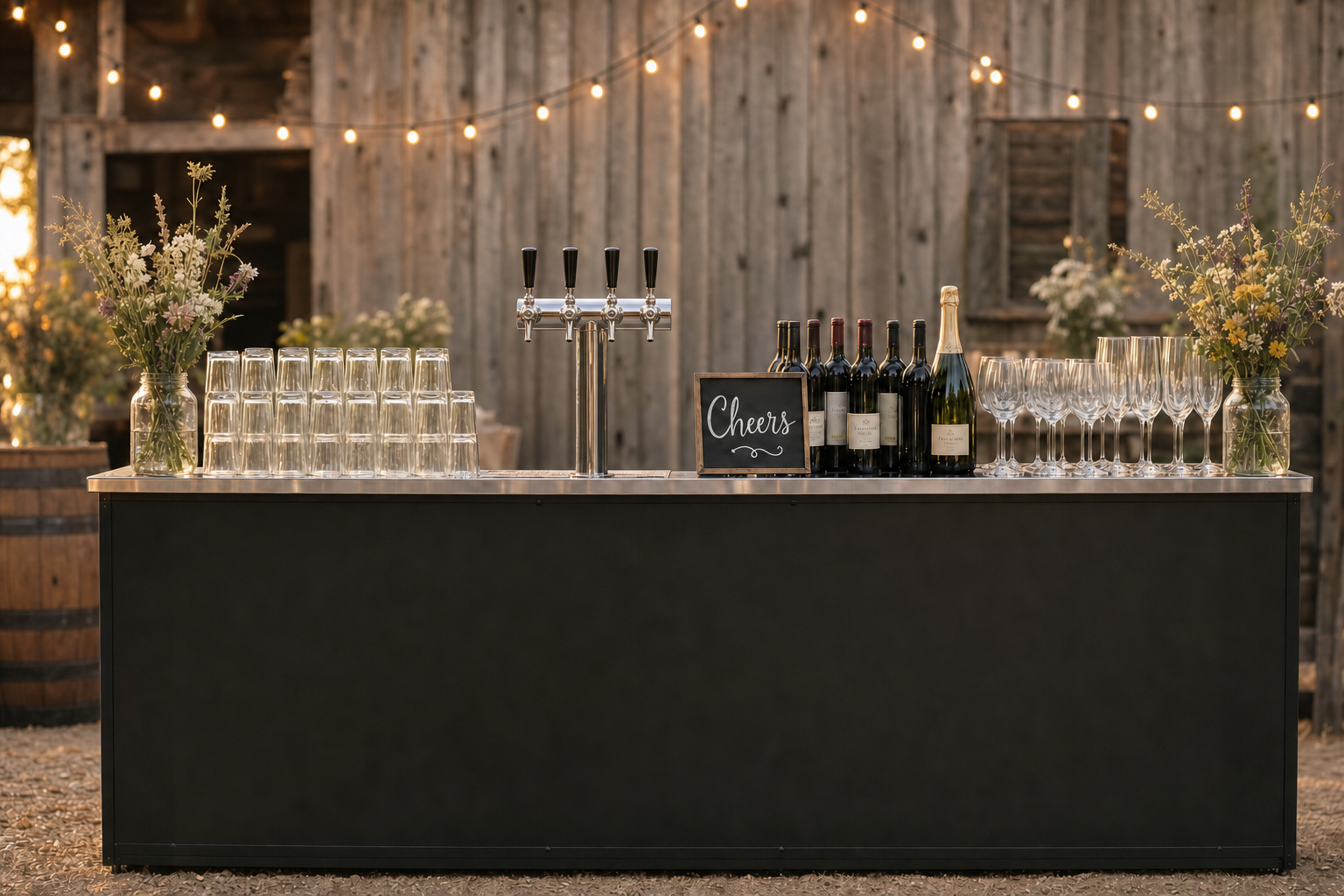 A wedding bar setup with draft taps, wine bottles, champagne, and glassware