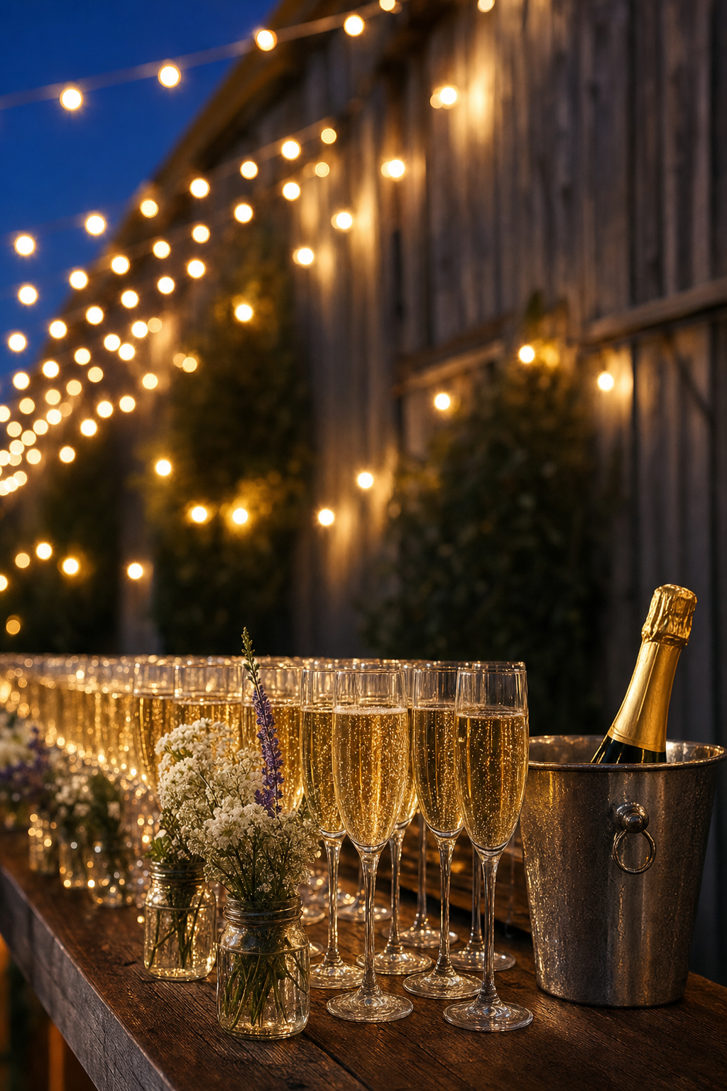 Rows of crystal champagne flutes filled for a wedding toast beneath warm string lights at a barn venue